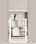 Adjustable Walk Through Baby Gate With Cat Door And Small Pet Door, Tension Mounted No Drill, in a modern living room setting.