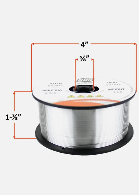 MIG Aluminum Welding Wire 0.035 Inch Diameter, 1 Pound Spool with dimensions and markings visible