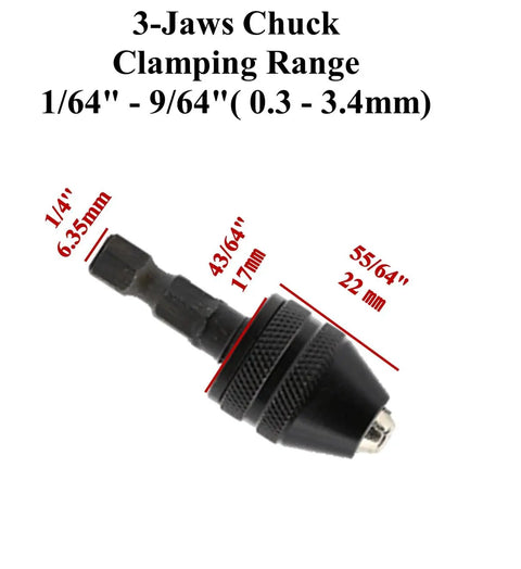 Three Piece Drill Bit Adapter Set With 1/4 Inch Hex Shank For Impact Drivers, black 3-jaws chuck, clamping range 0.3-3.4mm