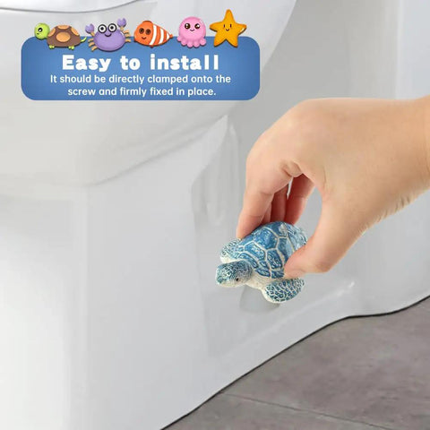 Hand installing Snazzy Sea Turtle Toilet Bolt Covers Two Pack Ceramic Screw Caps For Bathroom Bowl Anchor Nuts No Sweat Swap.