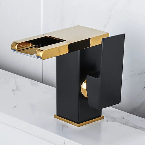 Lit Waterfall Style LED Bathroom Faucet in Black and Gold, 3 Color Changing Spout, Single Handle Lavatory Sink Faucet close-up