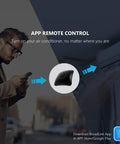 Man using phone with Universal IR RF Remote Hub With 2.4 GHz Wi Fi, Alexa Compatible, controlling air conditioner remotely.