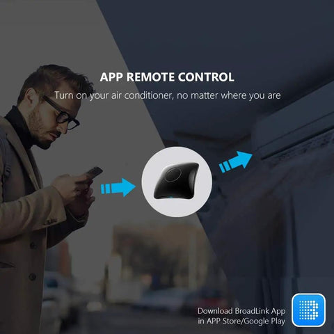Man using phone with Universal IR RF Remote Hub With 2.4 GHz Wi Fi, Alexa Compatible, controlling air conditioner remotely.