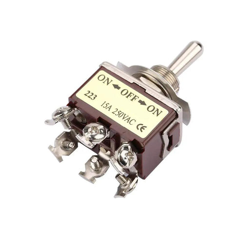 Heavy Duty 12Mm Panel Mount Toggle Switch With On Off On Circuit And Six Pin Connectors Rated At Fifteen Amps 250V Ac, compact and durable design.