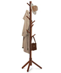 Wooden Coat Rack Freestanding With 8 Hooks And 3 Adjustable Heights Space Saving Clothes Organizer, sturdy wood frame holding hat, coat, and bag.