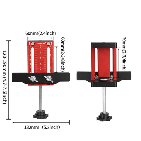 Front and side view of Aluminum Alloy Cabinet Door Mounting Jig With Built In Screw Clamp The Ultimate Third Hand For Hangin Cabinet Doors Easy Setup And Stable 10 To 70mm Clamp Range Ideal Cabinet Door Installation Positioner Tool.