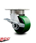 Heavy Duty Swivel Caster With 4 Inch Green Polyurethane Wheel On Cast Iron Hub And Flat Top Plate Mount Including Side Lock Brake