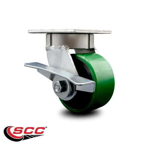 Heavy Duty Swivel Caster With 4 Inch Green Polyurethane Wheel On Cast Iron Hub And Flat Top Plate Mount Including Side Lock Brake