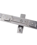 Close-up of stainless steel casement window friction-stay hinge with ventilation limiter (23mm slot width).