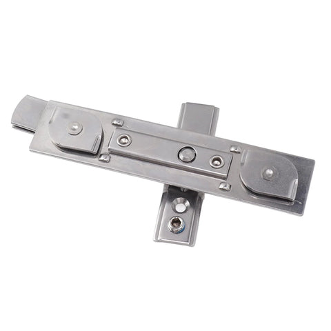 Close-up of stainless steel casement window friction-stay hinge with ventilation limiter (23mm slot width).