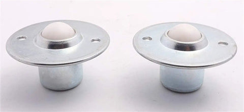 Heavy Duty Industrial Ball Casters With Spring Damping Cattle Eye Bearings And Compression Conveyor Rollers In Stainless Or Carbon Steel showing two casters with metal plates.