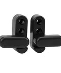 Kickass 180 Degree Rotating RV Table Lock Clip With Wicked Strong Steel Buckle For Thick Panels And Camper Trailers close-up view of black plastic clips.