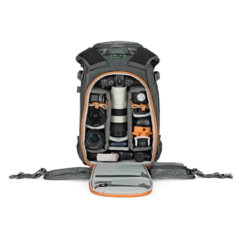 Open Whistler 350 AW II Camera Backpack with top and body access, showing interior with space for lenses and gear in gray.