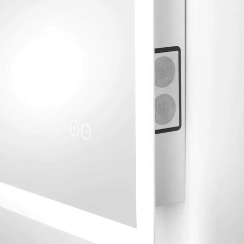 Close-up of LED Bathroom Mirror With Bluetooth Speakers Frameless Wall Mounted Vanity Mirror Built In Dope Audio Horizontal Or Vertical Mount