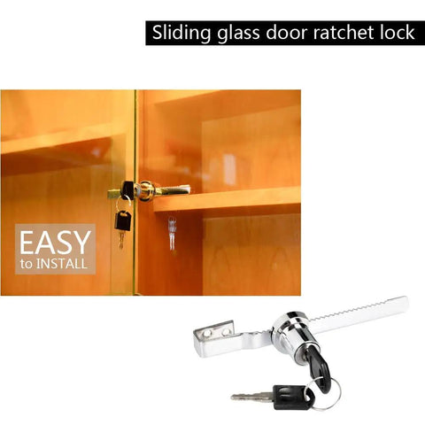 Sliding Glass Door Lock For Display Cases With Chrome Finish, Secure Ratchet Lock Set, easy install on glass cabinet door with keys