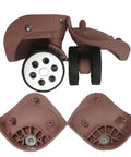 Thinking Process: brown suitcase wheel replacement set, black rubber double wheels, front and back views