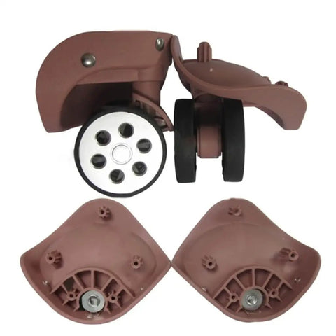 Thinking Process: brown suitcase wheel replacement set, black rubber double wheels, front and back views