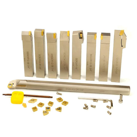 Heavy Duty Nickel Plated Indexable Tool Holder Set With Three Quarter Inch Shank Nine Piece CNC Lathe Tool Holders And Boring Bar For Turning Grooving Threading And Cut Off Operations