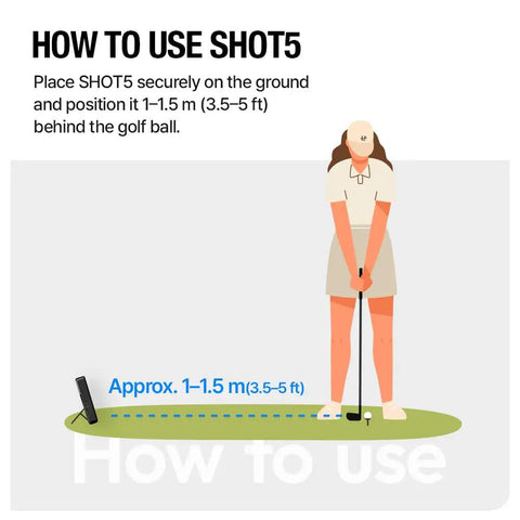 Illustration showing how to position Shot5 Golf Launch Monitor Portable Doppler Radar behind a golf ball for optimal swing analysis