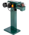 Hardbody 4X48 Inch Dual Wheel Metal Belt Grinder And Shop Sander Rigged To Crush Steel Tasks And Dial In Perfect Angles For Garage Crews In Glossy Black on green stand.