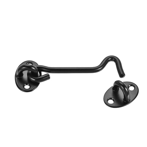 Gate Hook Latch Cabin 201 Spring Catch for Door Window with Screws, black metal hook latch shown from the side.