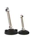 Heavy Duty Adjustable Furniture Leveling Feet With Swivel Nylon Base Carbon Steel Articulating Leg Mounts Fix Wobbly Tables Real Deal M10 Thread Two Pack, showing two sizes.