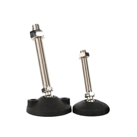 Heavy Duty Adjustable Furniture Leveling Feet With Swivel Nylon Base Carbon Steel Articulating Leg Mounts Fix Wobbly Tables Real Deal M10 Thread Two Pack, showing two sizes.