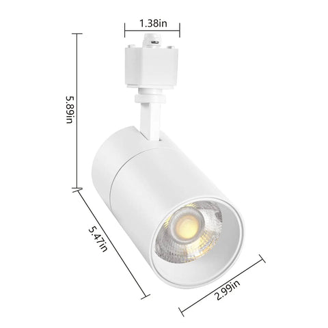 Three Color Temp 20W H Track Lighting Heads, Dimmable No Flicker LED Fixtures, side view with dimensions labeled