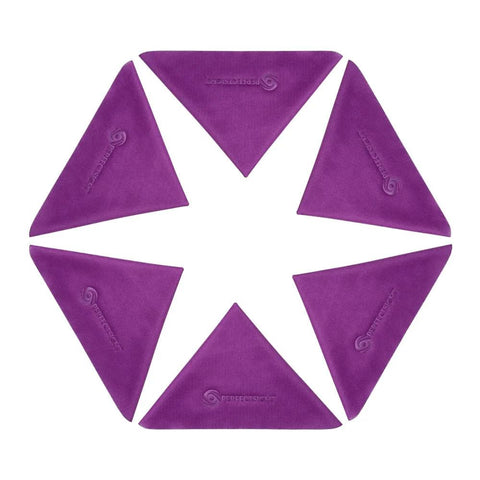 Six-pack purple PerfectSight microfiber lens cleaning cloths arranged in a star shape