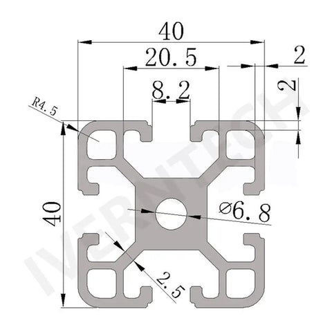 Technical drawing of Two Pack 400mm 4040 T Slot Aluminum Extrusion Black Anodized European Standard for DIY CNC and 3D printers.
