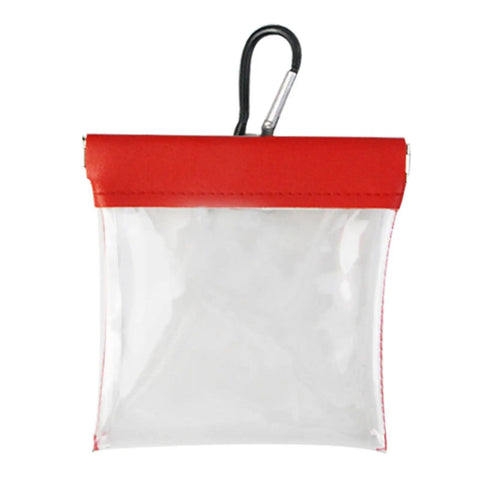 Lightweight Golf Tees Pouch With Clip Ball Bag Tee Holder Clear Storage Organizer for Outdoor Golf Gear, with red trim and hook attachment