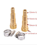 Metal Garden Hose Repair Connector Kit With Stainless Clamps For Half Inch, Three Quarter Inch Or Five Eighth Inch Hoses, Includes Two Male Connectors And One Female To Female Adapter, Aluminum Build For Quick No Fuss Leak Free Hose Fix showing two metal connectors and stainless clamps.