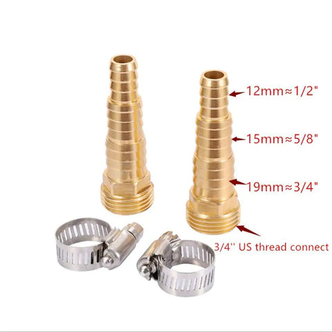 Metal Garden Hose Repair Connector Kit With Stainless Clamps For Half Inch, Three Quarter Inch Or Five Eighth Inch Hoses, Includes Two Male Connectors And One Female To Female Adapter, Aluminum Build For Quick No Fuss Leak Free Hose Fix showing two metal connectors and stainless clamps.