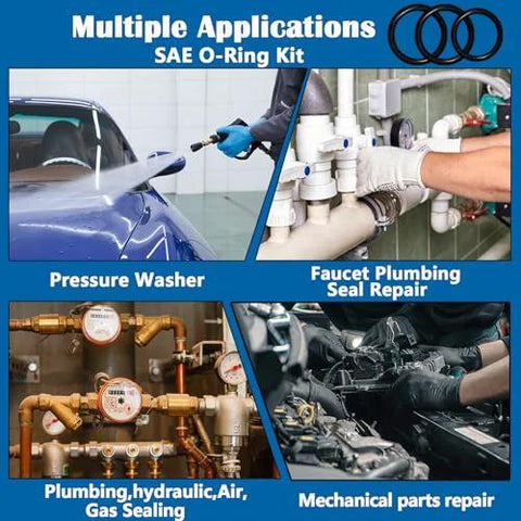 SAE O-Ring kit, 407-piece nitrile rubber set for automotive; collage: pressure washer, faucet repair, hydraulics.