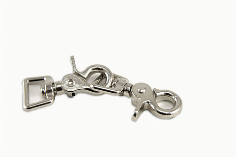 Close-up of Trigger Snap Square Eye Five Eighth Inch Two Pack Rein Clip with square bottoms in metallic finish.