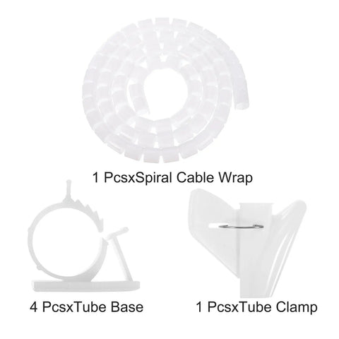 Spiral Cable Wrap Kit For Wire Management, Flexible White Sleeves In 1.5M Length And 22mm Diameter, PE Plastic, showing all components.