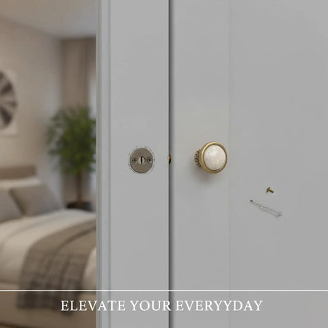 Close-up of Crackle Finish Ceramic Cabinet Knobs With Heavy Duty Zinc Alloy Core on a white cabinet door in a bedroom.