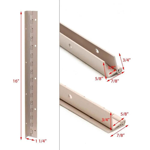 Captain Approved 16 Inch Tan Aluminum Boat Offset Piano Hinge Heavy-Duty Marine Rigging Gear, detailed illustrations with measurements.