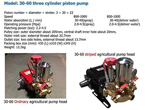 Rugged Heavy Duty Workhorse Three Cylinder Piston Pump For High Pressure Spraying And Smooth Water Transfer Equipped With Auto Relief Valve For Daily Yard Work showing pump model and specifications.