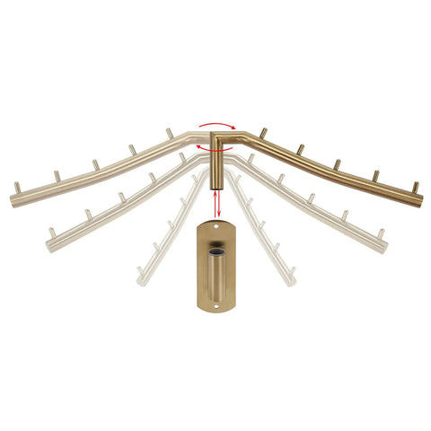 Heavy Duty Wall Mount Clothes Hanger Rack With Swing Arm 5 Gold Hooks fully extended and rotating for easy access