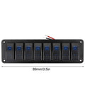 Front view of 8 Gang 5 Pin On Off Waterproof Rocker Switch Panel For Boats Cars RVs And Trailers in marine-grade aluminum.