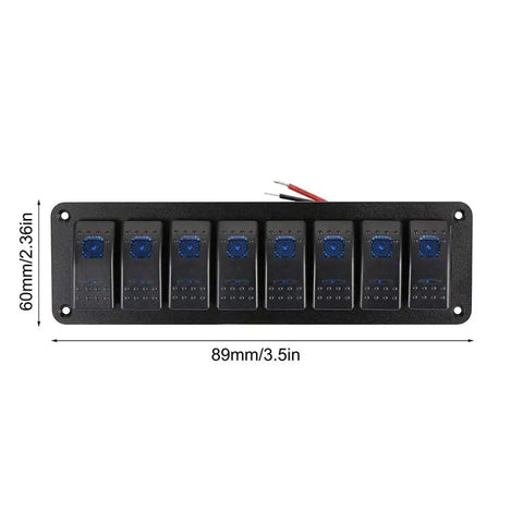 Front view of 8 Gang 5 Pin On Off Waterproof Rocker Switch Panel For Boats Cars RVs And Trailers in marine-grade aluminum.
