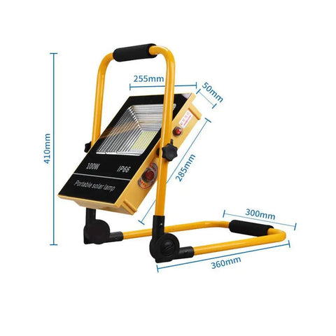 Kickass Portable Rechargeable Solar Led Flood Light With Ip65 Weather Sealing And Rip Roaring 2700 Lumens Glow showing dimensions and design.