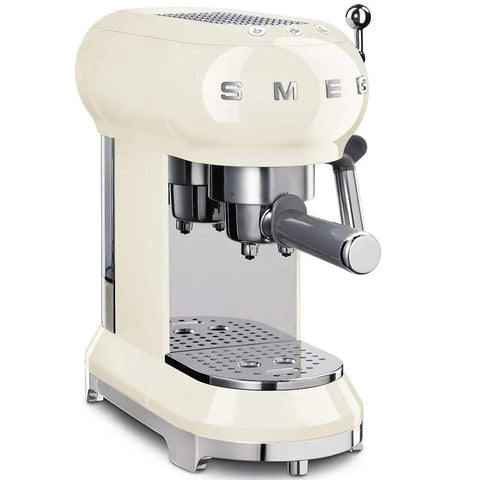 Cream Espresso Coffee Machine Featuring A Fast Single Thermoblock System That Heats Up Quick For Solid Shots Plus A Steam Wand For Lattes User Friendly Interface With Decalc Alarm So You Stay On Top Of Maintenance Total Game Changer Countertop Brewing on a modern kitchen countertop.