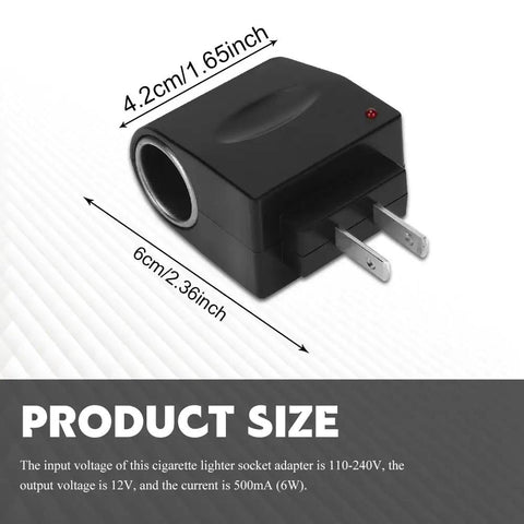 Universal AC To DC Power Converter Adapter turns any wall outlet into a car cigarette lighter socket, compact size black design.