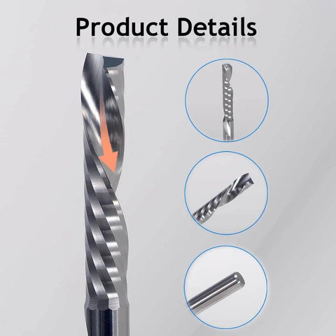 Down Cut Single Flute O Flute CNC Router Bit Set For Acrylic PVC MDF Wood With One Eighth Inch Cutting Diameter And One Sixteenth Inch Cutting Length Pack Of Five showing bit details