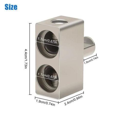 Four Pack Offset 1/0 Gauge Car Audio Power And Ground Reducers For Dual 1/0 To 1/0 Input Aluminum Nickel Plated Heavy Duty Amp Wiring Adapters Compatible With Oversized 1/0 And 2/0 Wire For Install. Size diagram of nickel-plated aluminum reducer adapter with two 1/0 openings.