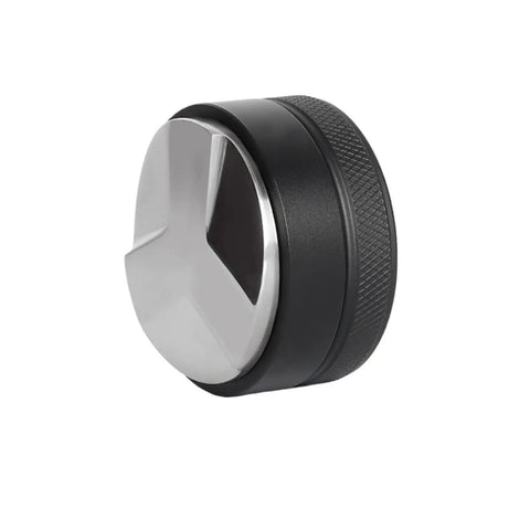 Top Shelf Espresso Distribution Tool With Adjustable Palm Tamper Fits 58mm Portafilter showing polished stainless steel and black grip.