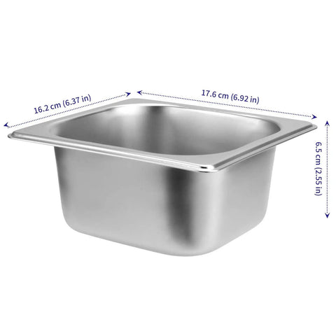 Eight Pack Steam Table Pans 1/6 Size 2.5 Inch Deep Stainless Steel Anti Jam Food Pans with dimensions labeled