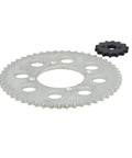 Gold 14 Tooth Front Sprocket And 50 Tooth Rear Sprocket Drive Chain Kit For XR100R 1985 Through 2003 And CRF100F 2004 Through 2013, two sprockets displayed